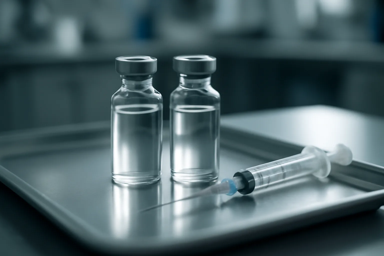 Two unlabeled vials on a steel tray representing AOD 9604 peptide vs retatrutide comparison