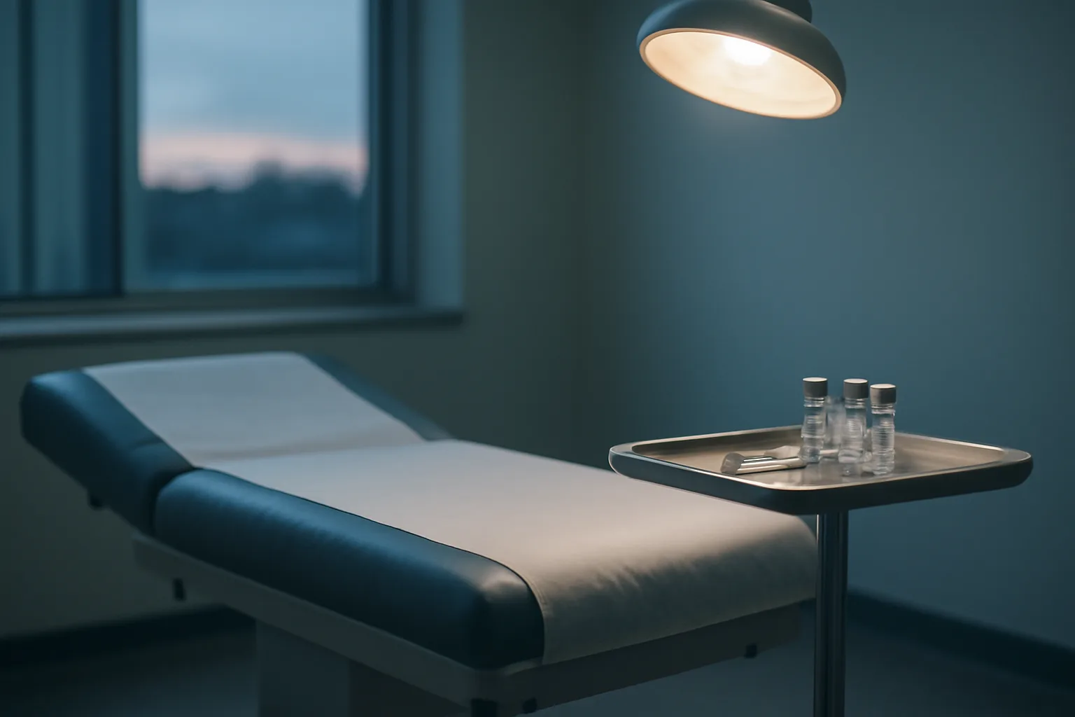 Empty clinical trial room with vials and syringes on a steel tray