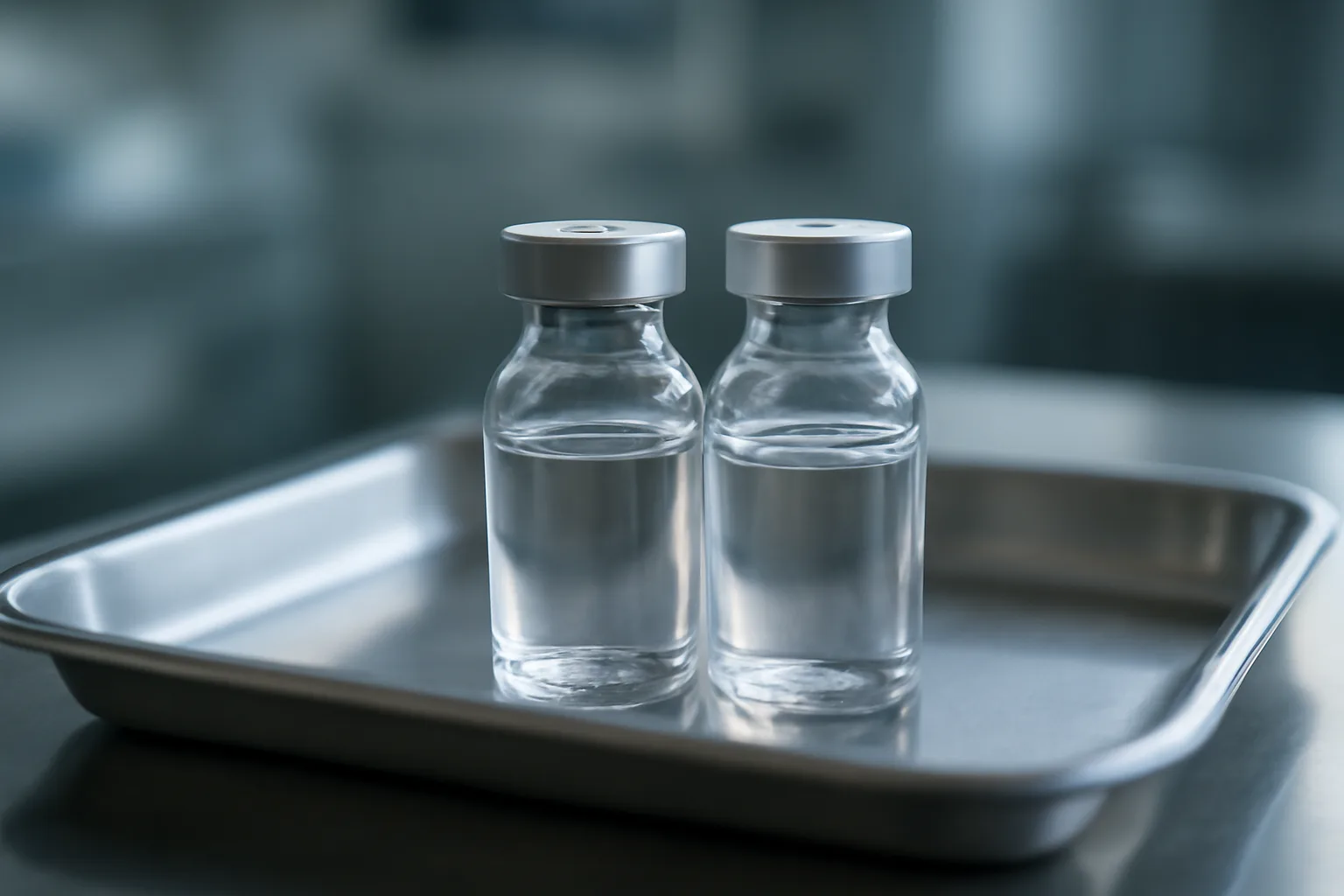 Two unlabeled glass vials on a steel tray representing mazdutide vs retatrutide comparison