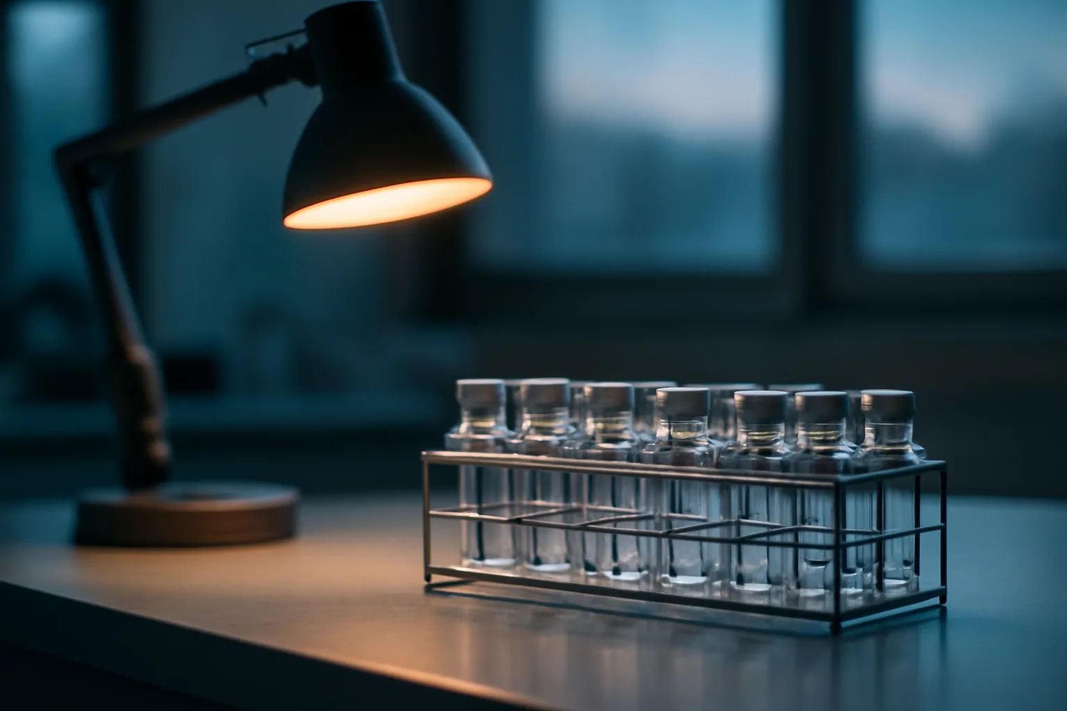 Lab bench with glass vials representing retatrutide peptide research versus approved GLP-1 drugs