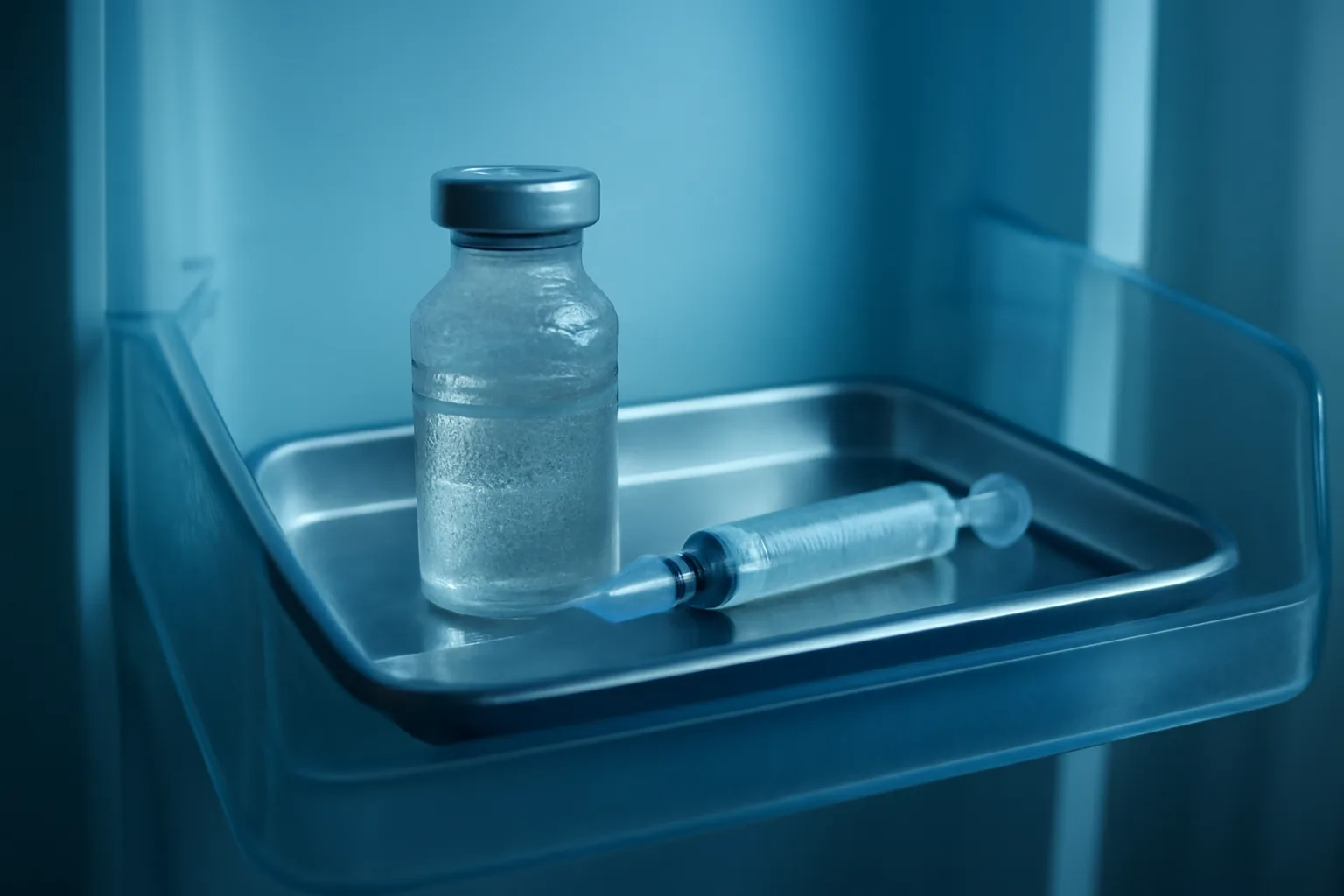 Glass vial and syringe on a refrigerator shelf illustrating retatrutide storage questions