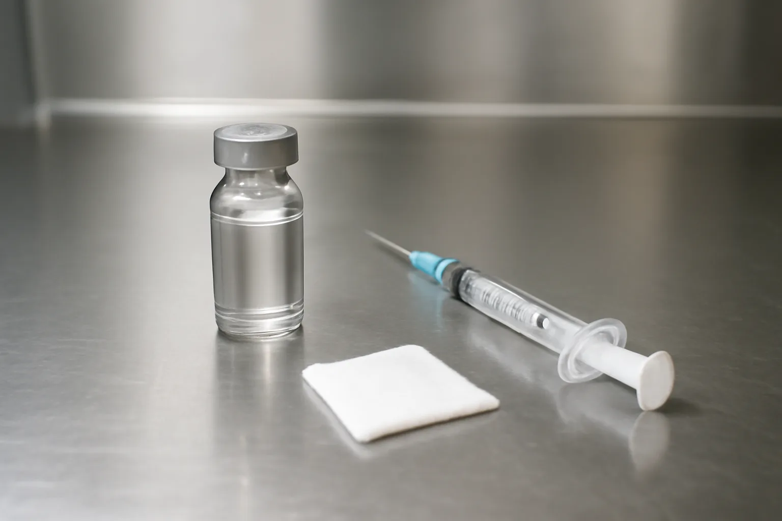 Sterile lab counter with vial and syringe representing retatrutide reconstitution in a clinical trial setting