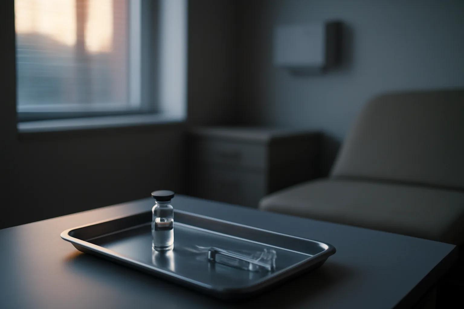 Sterile exam room tray with vial and syringe, evoking retatrutide clinical trial setting
