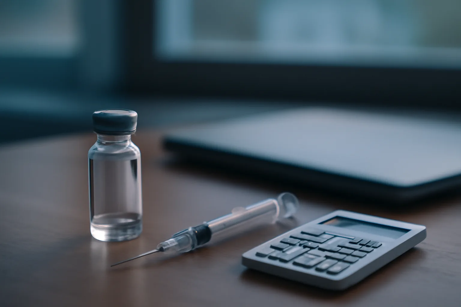Empty vial and syringe beside an unused calculator on a clinical desk, evoking retatrutide dosage calculator questions