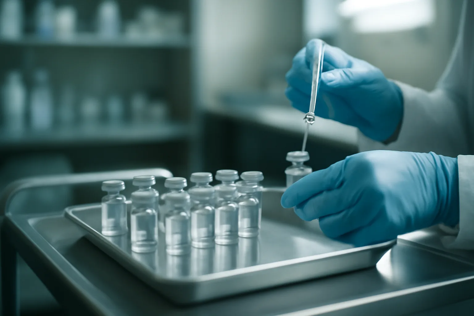 Gloved hands preparing injection vials on a clinical trial cart, referencing retatrutide dosage chart research