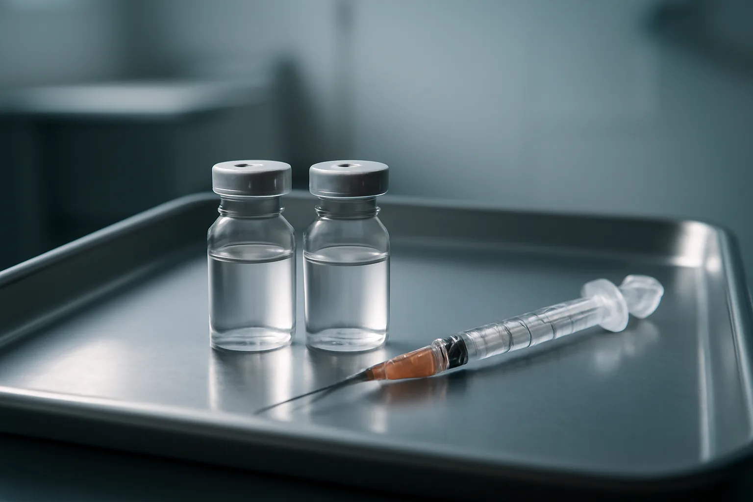 Two unmarked glass vials and a syringe on a steel tray, representing cagrilintide with retatrutide