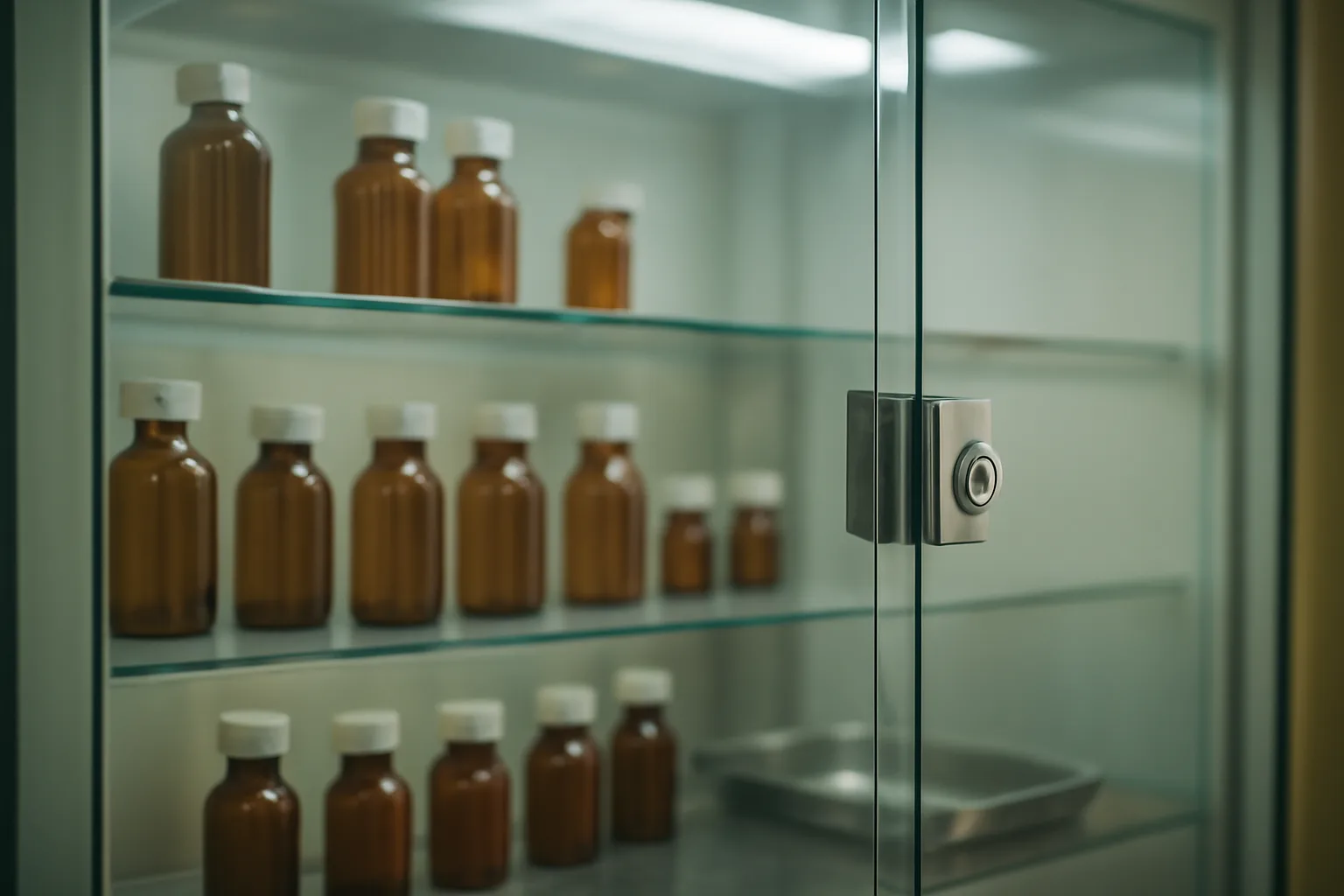 Locked pharmacy cabinet with empty vials, symbolizing unavailable retatrutide sales