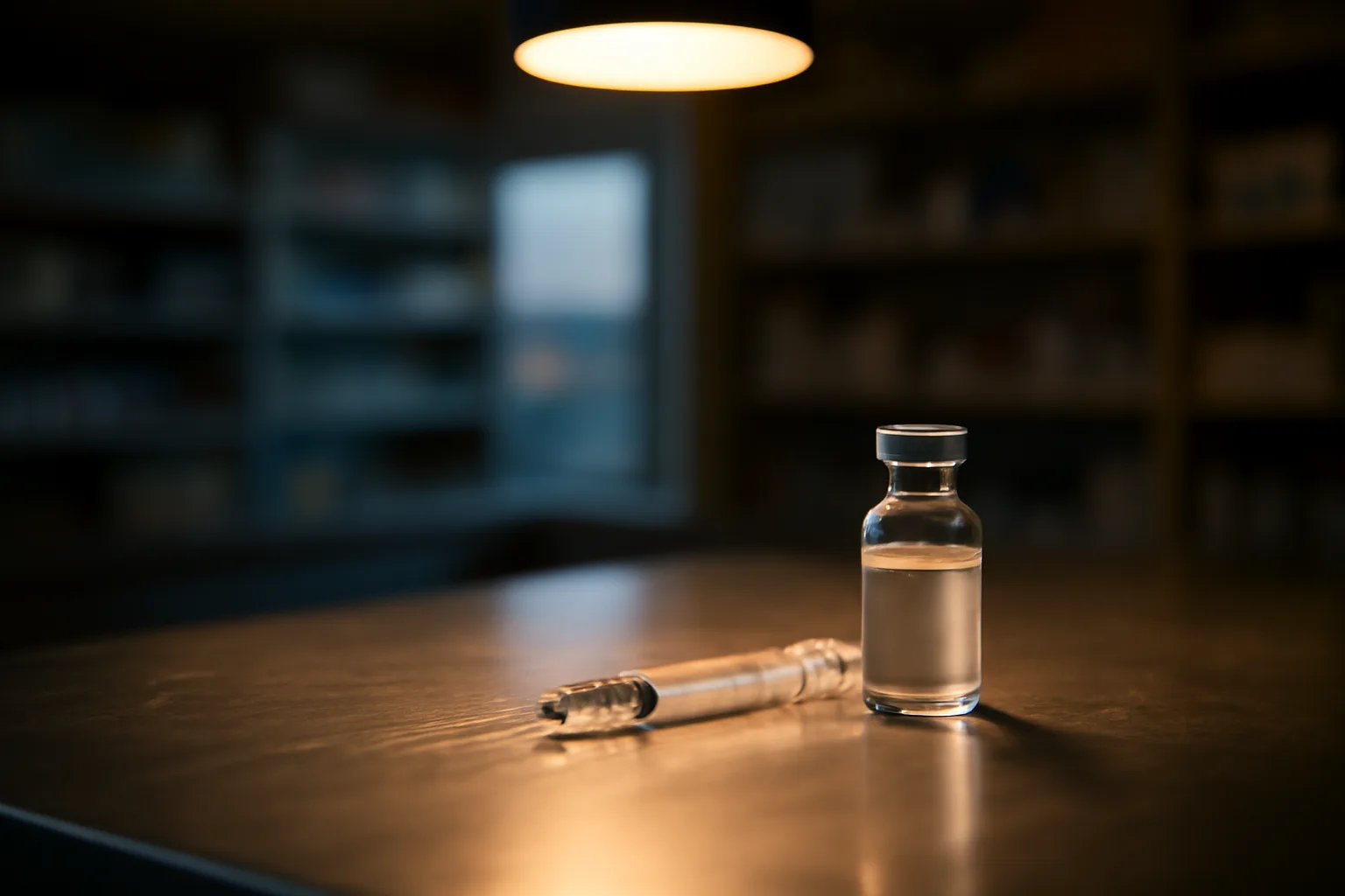Empty pharmacy counter with vial and syringe, symbolizing retatrutide's unavailable status