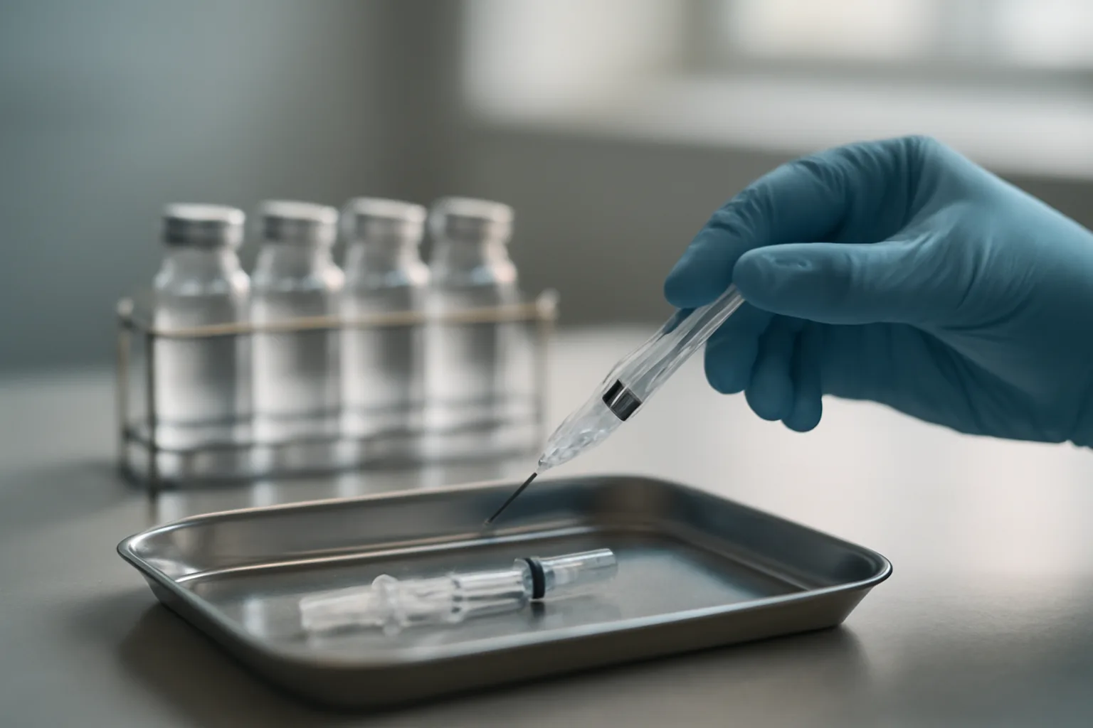 Clinical trial injection tray and syringe under clinic lighting, representing supervised retatrutide dosing research