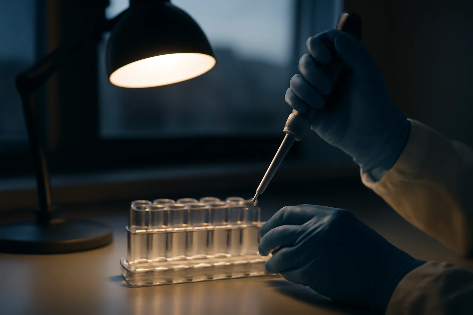 Gloved hands handling lab vials on a research bench, evoking retatrutide peptide trial research