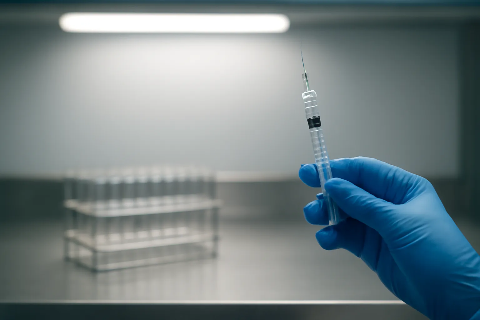 Gloved hand inspecting a syringe near empty vials on a lab bench