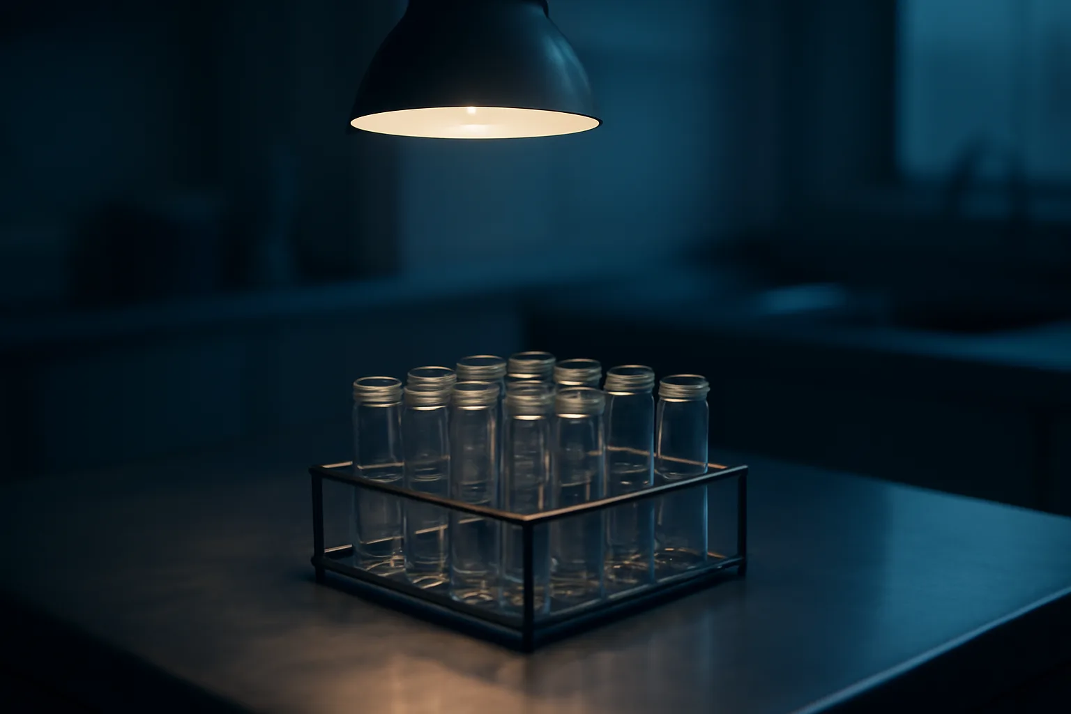 Empty unlabeled vials in a rack on a clinical lab bench, evoking retatrutide's investigational status