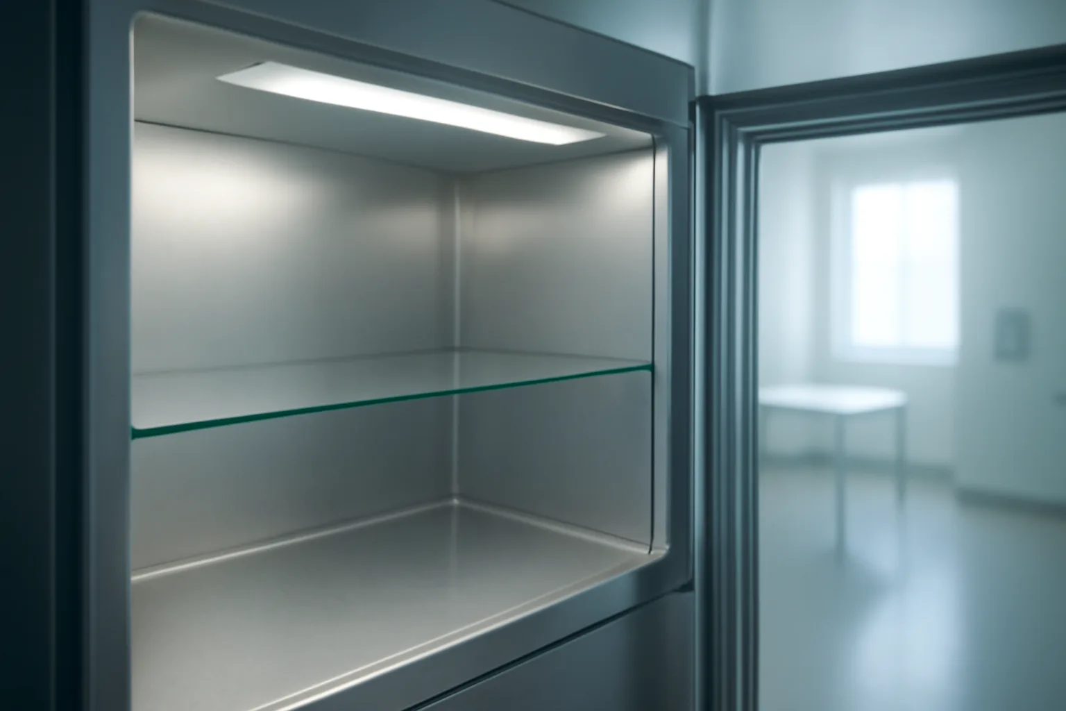 Empty sterile pharmacy refrigerator shelf representing the absence of a lawful retatrutide supply