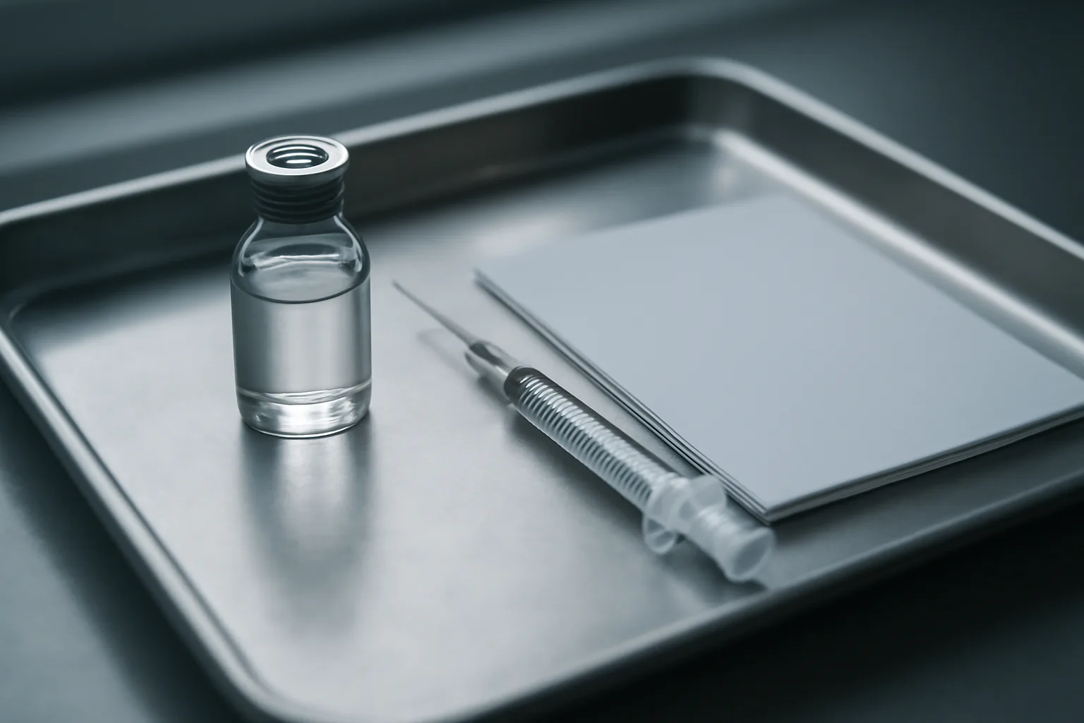 Unlabeled vial and syringe on a steel tray, evoking the search for retatrutide's legal status