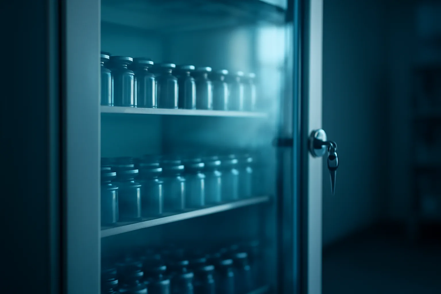 Locked pharmacy refrigerator with unlabeled vials, symbolizing restricted access to retatrutide peptide
