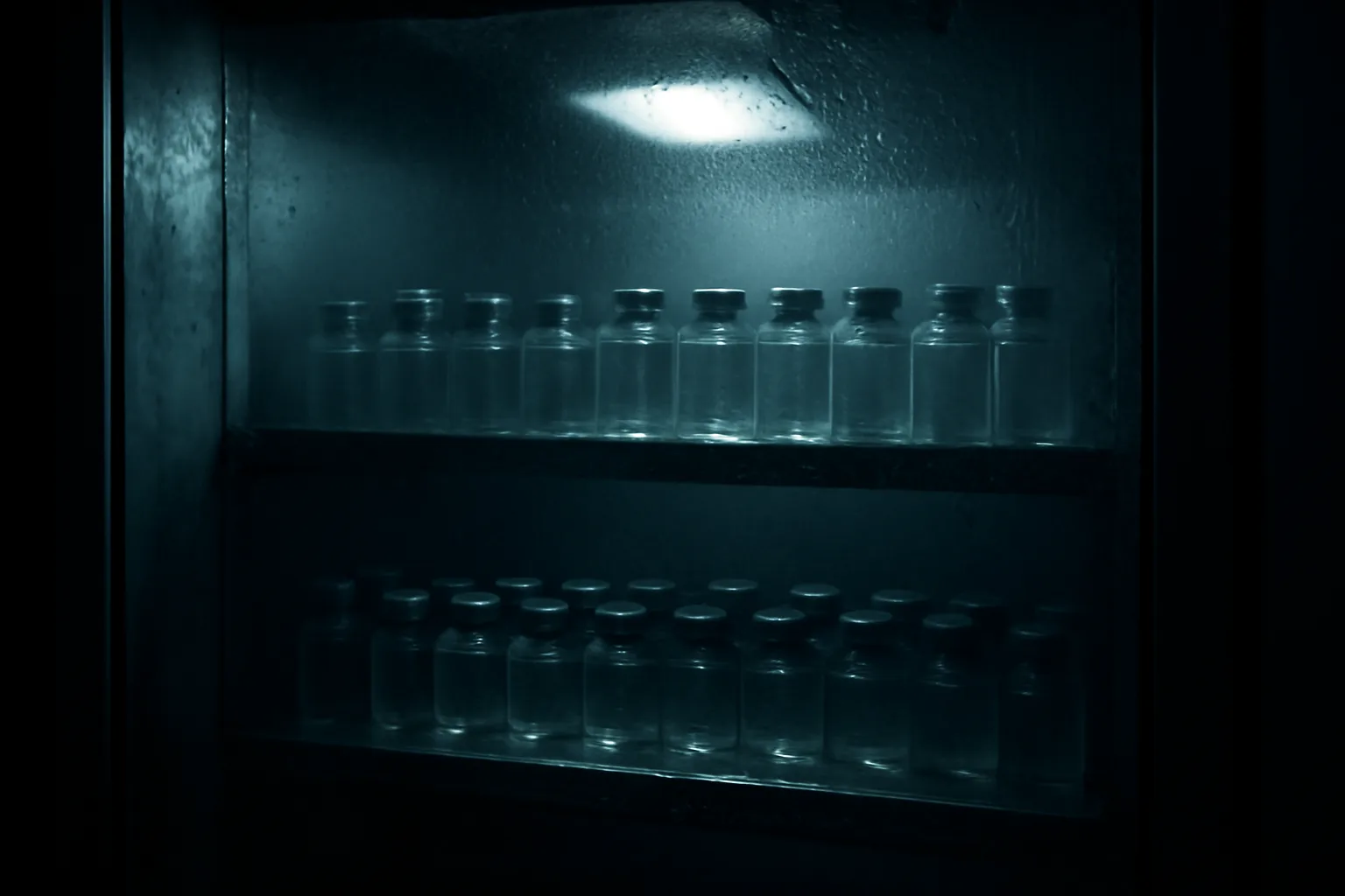 Unlabeled glass vials in a locked lab refrigerator, symbolizing unregulated retatrutide peptide sales