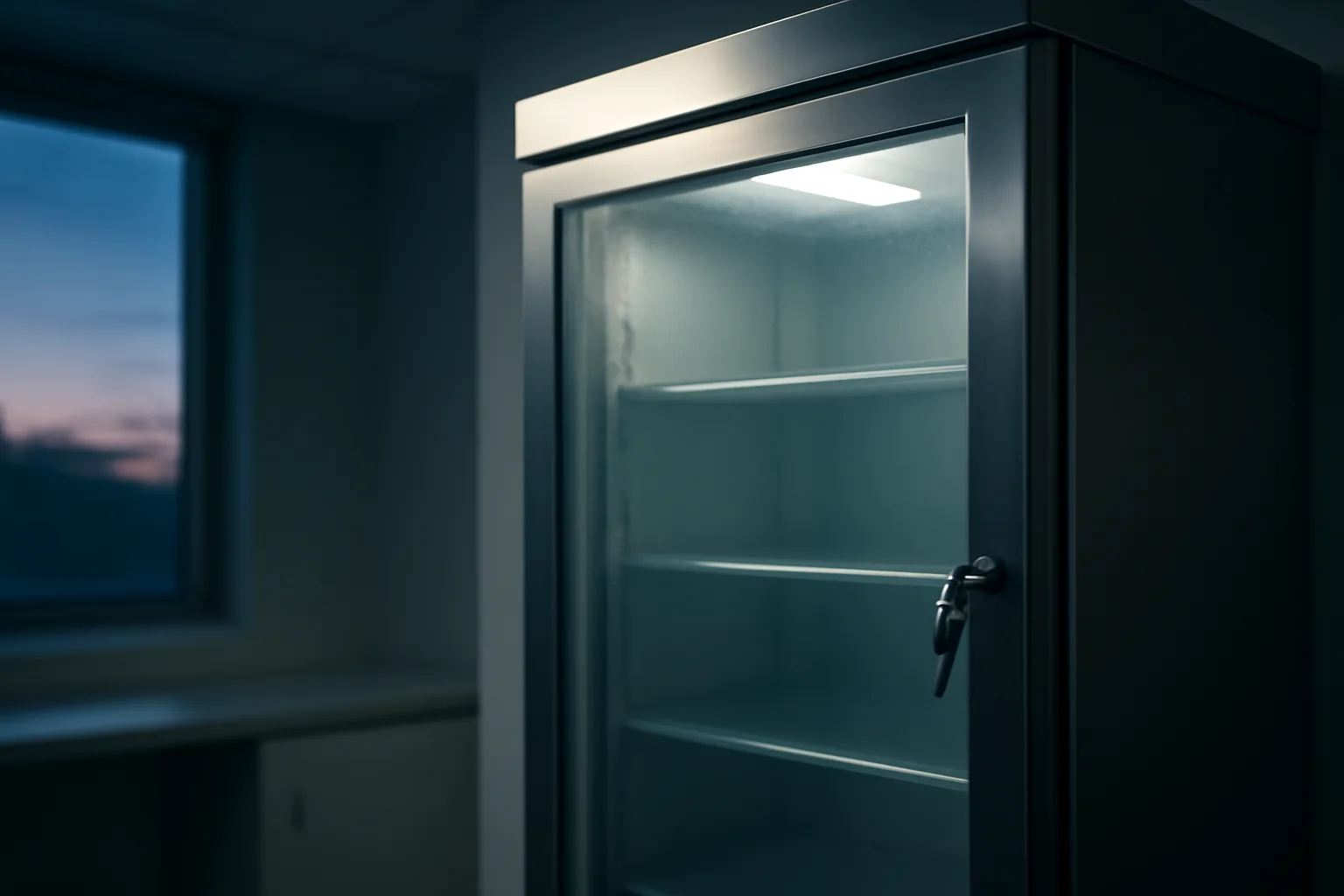 Locked clinical refrigerator representing restricted access to retatrutide peptides