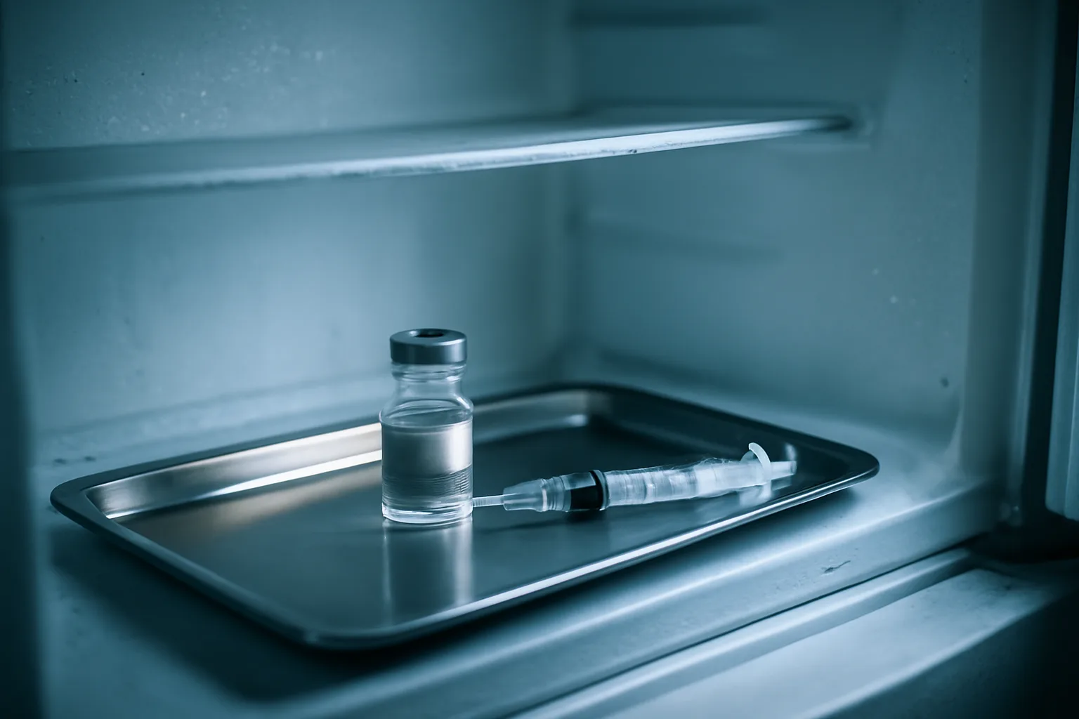Glass vial and syringe on a tray inside an open refrigerator, illustrating retatrutide storage questions