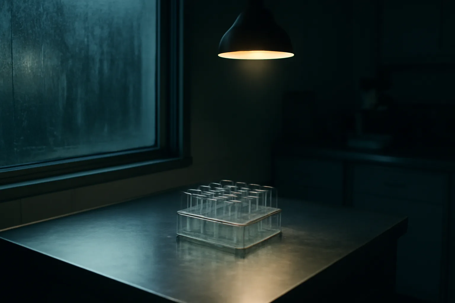 Empty vial rack under lamplight in a quiet clinical lab, evoking retatrutide's investigational-only status