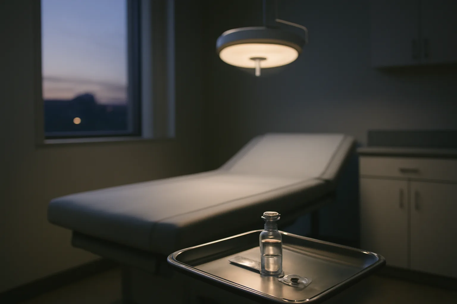 Empty clinical exam room with an unlabeled vial and syringe on a steel tray