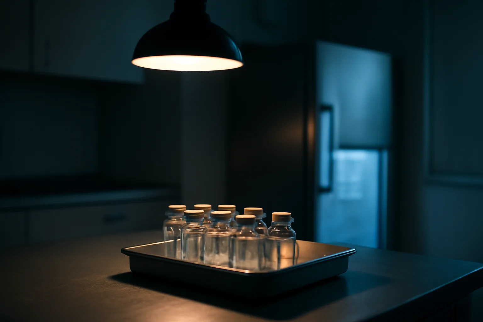 Lab vials in a tray under lamp light, evoking questions about what reta peptides are