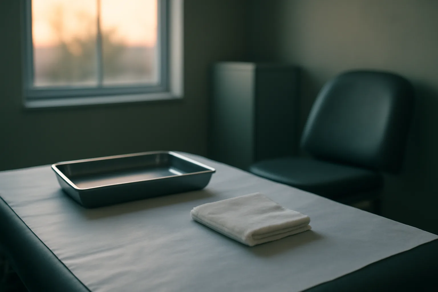 Empty clinical exam room with steel tray, evoking retatrutide side effects research